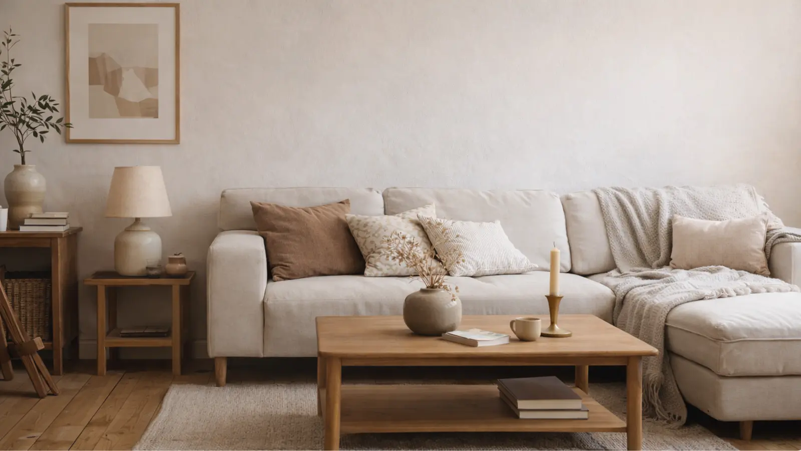 Rolig skandinavisk stue med naturlige materialer, dæmpede farver og bløde tekstiler